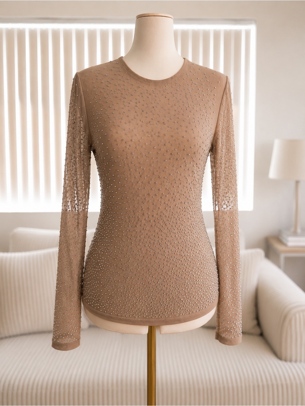 L/C Lizette Collection Rhinestone Mesh Top XL ✨ Nude Glam